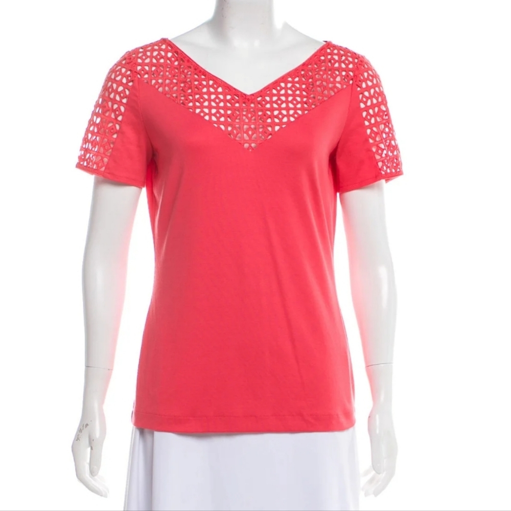 Lafayette New York Coral Pink V Neck Short Sleeve Stretch Top size S